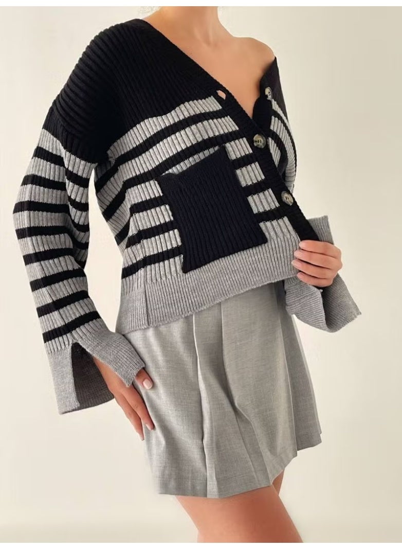 Afa Striped Knitted Cardigan - Pocket and Sleeve Detail - Image 3
